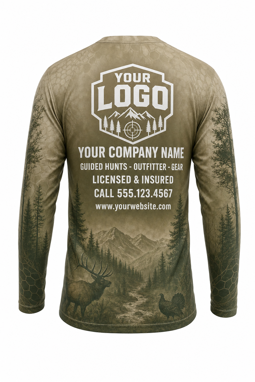 Camo Marsh Grass Hunting Guide Crew Uniform - custom company logo all-over-print uniform