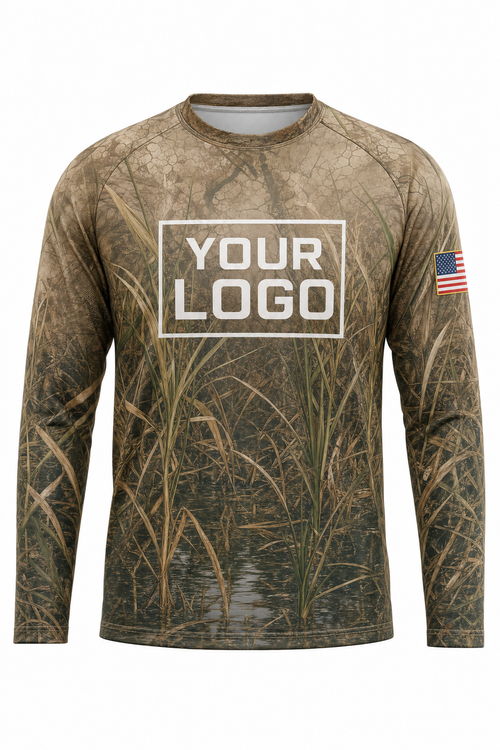 Camo Marsh Grass Hunting Guide Crew Uniform - custom company logo all-over-print uniform