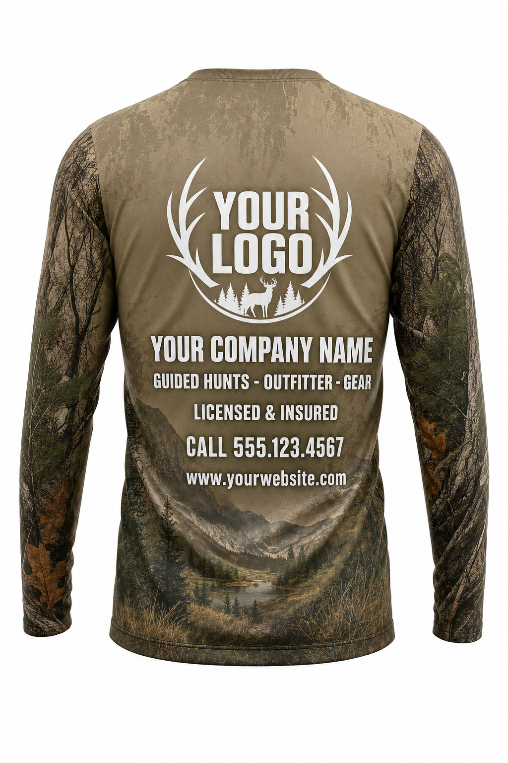Camo Multi-Terrain Hunting Guide Crew Uniform - custom company logo all-over-print uniform