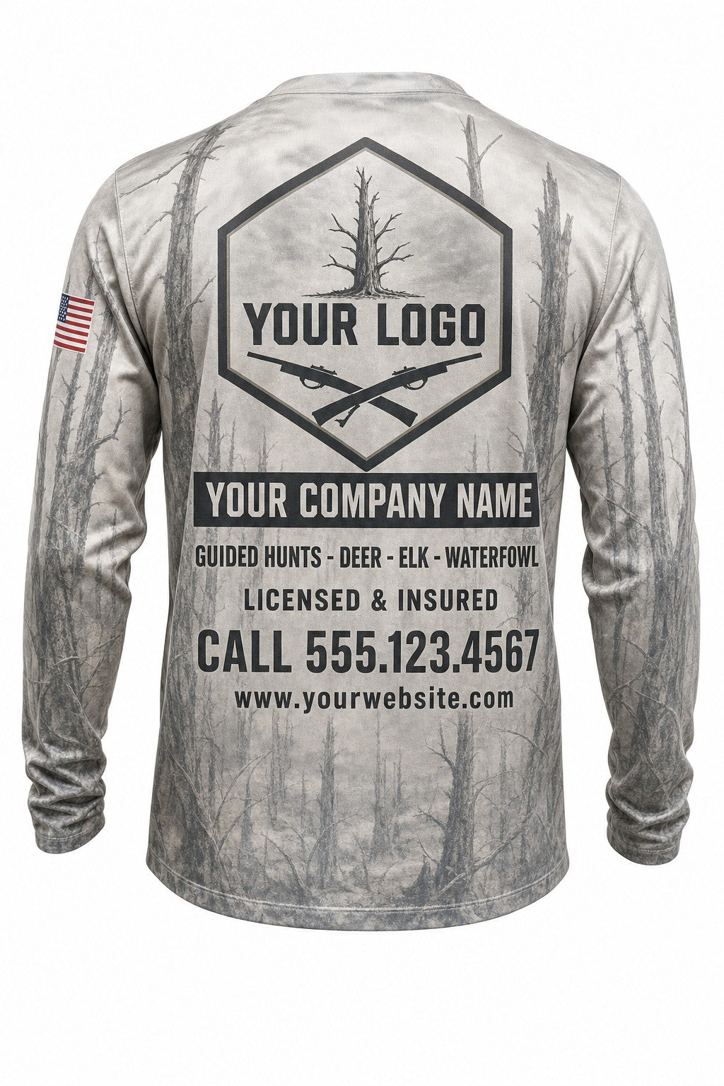 Ash Timber Camo Custom Hunting Team Uniform - back view, custom company logo all-over-print uniform
