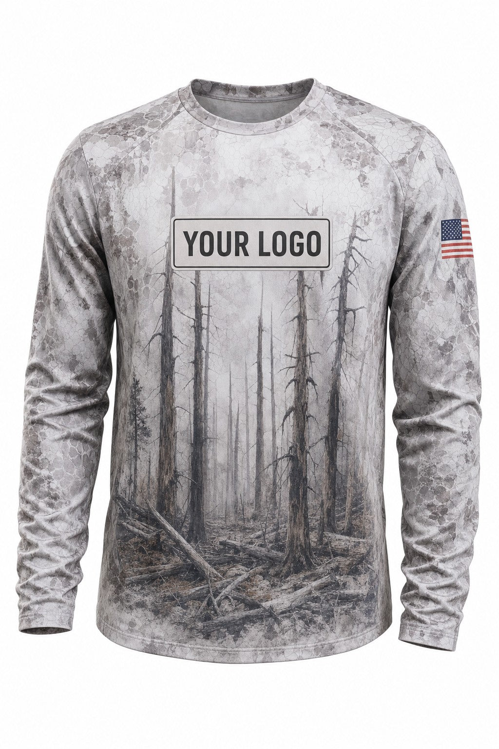 Ash Timber Camo Custom Hunting Team Uniform - front view, custom company logo all-over-print uniform