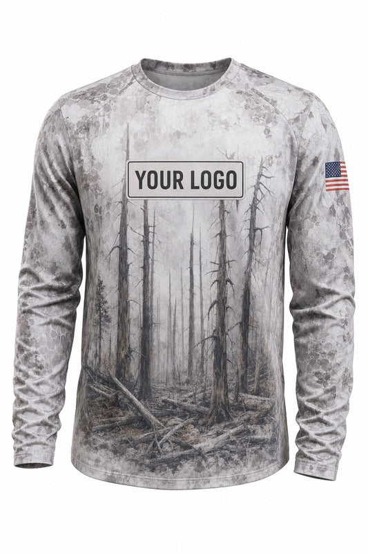 Ash Timber Camo Custom Hunting Team Uniform - front view, custom company logo all-over-print uniform
