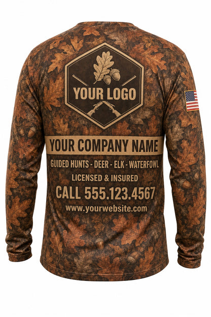 Autumn Oak Camo Custom Hunting Team Uniform - back view, custom company logo all-over-print uniform