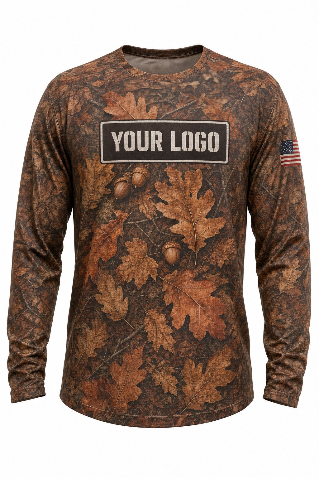 Autumn Oak Camo Custom Hunting Team Uniform - front view, custom company logo all-over-print uniform