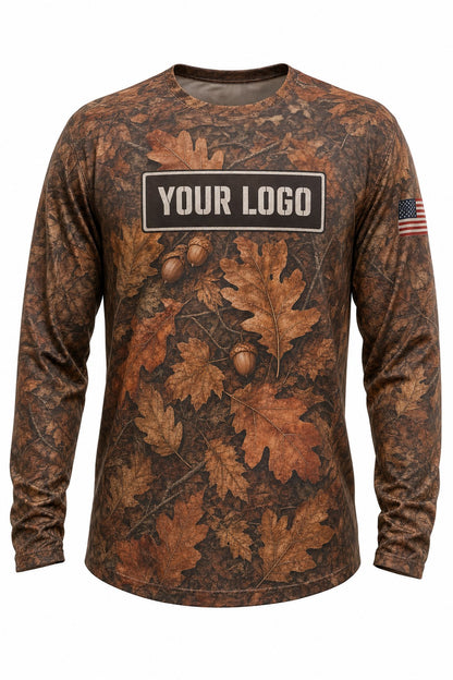 Autumn Oak Camo Custom Hunting Team Uniform - front view, custom company logo all-over-print uniform
