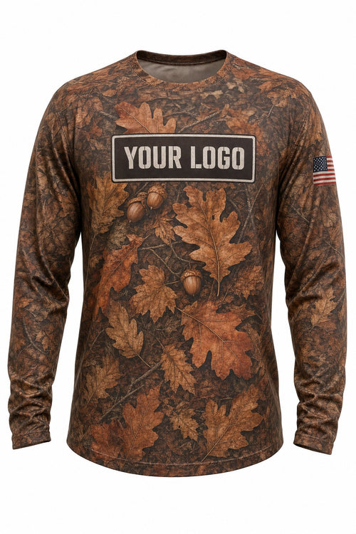 Autumn Oak Camo Custom Hunting Team Uniform - front view, custom company logo all-over-print uniform
