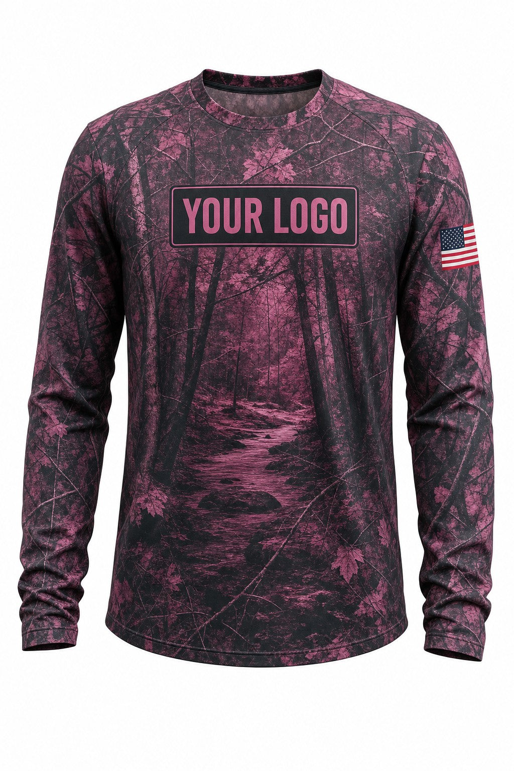 Berry Timber Camo Custom Hunting Team Uniform - front view, custom company logo all-over-print uniform