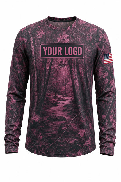Berry Timber Camo Custom Hunting Team Uniform - front view, custom company logo all-over-print uniform