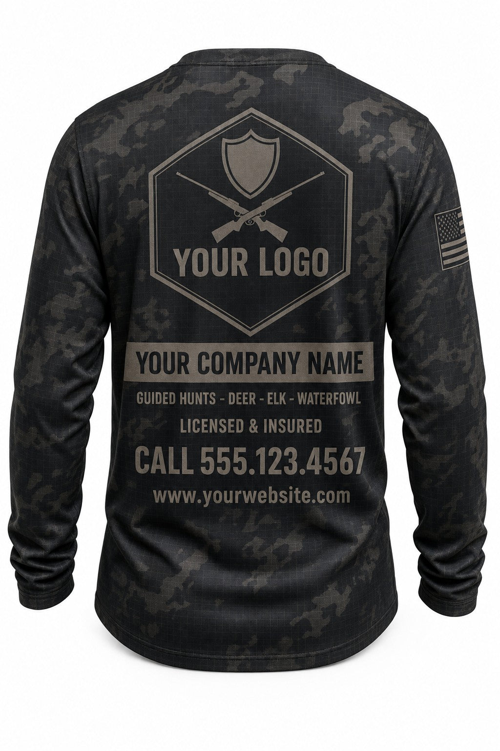 Blackout Grid Camo Custom Hunting Team Uniform - back view, custom company logo all-over-print uniform
