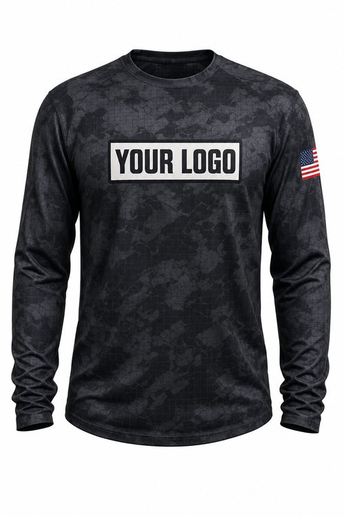 Blackout Grid Camo Custom Hunting Team Uniform - front view, custom company logo all-over-print uniform
