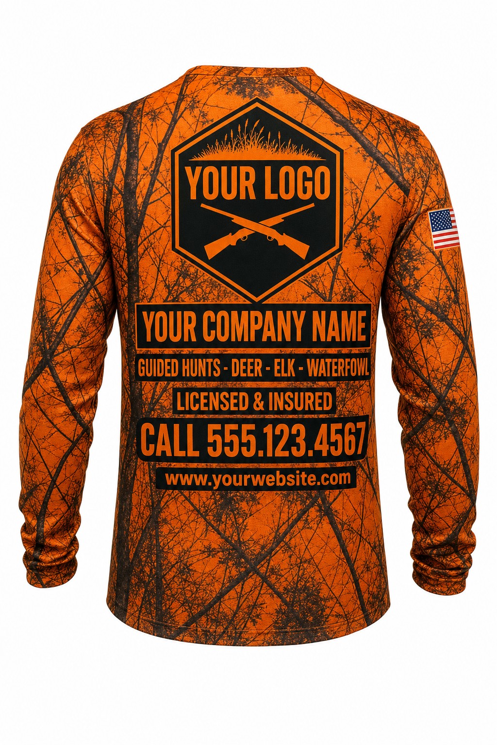 Blaze Brush Camo Custom Hunting Team Uniform - back view, custom company logo all-over-print uniform