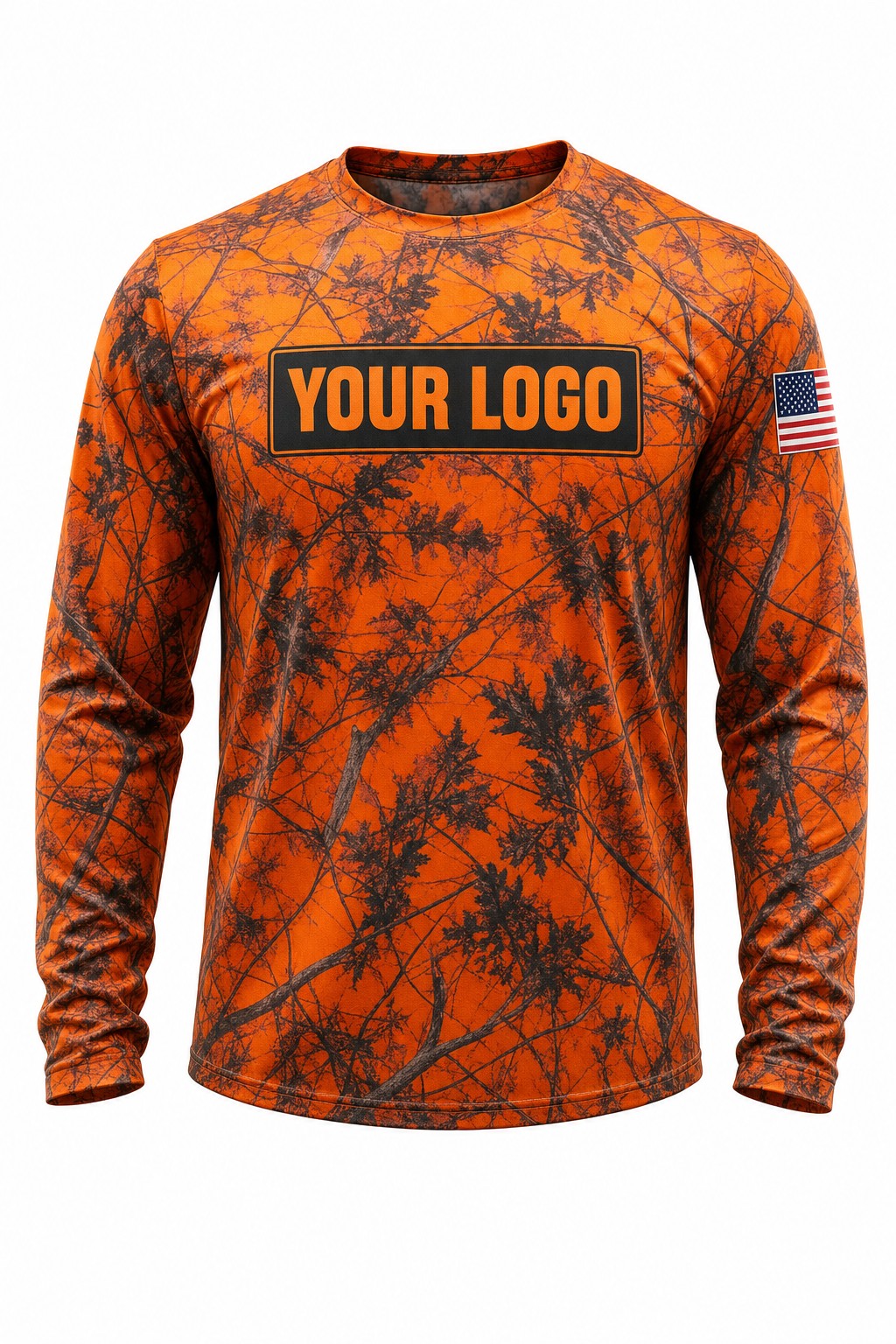 Blaze Brush Camo Custom Hunting Team Uniform - front view, custom company logo all-over-print uniform
