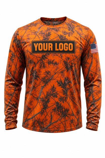 Blaze Brush Camo Custom Hunting Team Uniform - front view, custom company logo all-over-print uniform