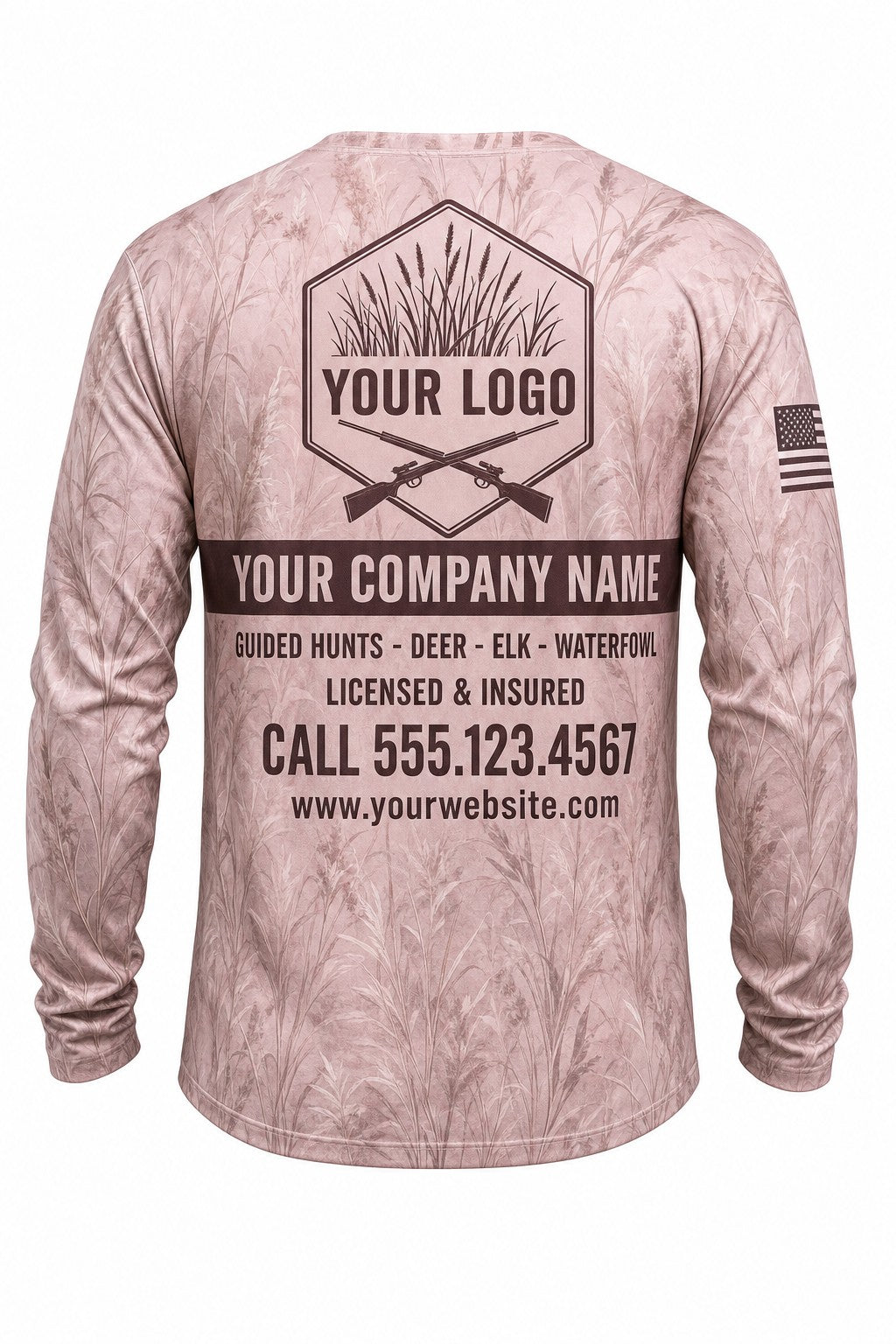 Blush Prairie Camo Custom Hunting Team Uniform - back view, custom company logo all-over-print uniform