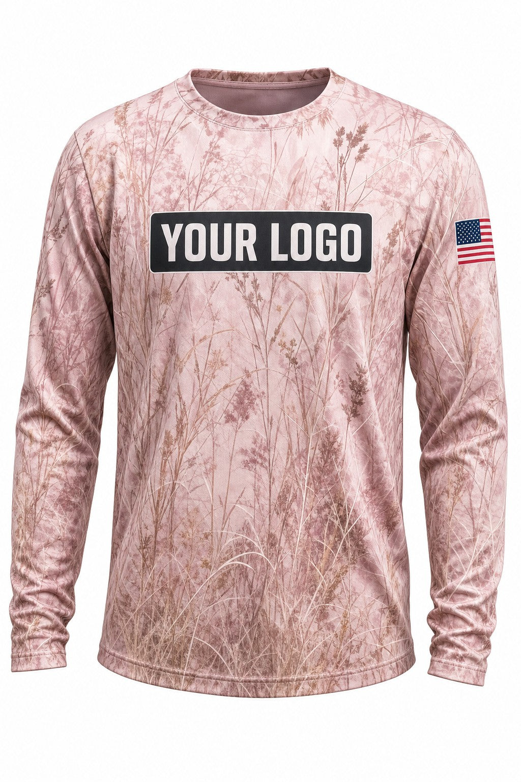 Blush Prairie Camo Custom Hunting Team Uniform - front view, custom company logo all-over-print uniform