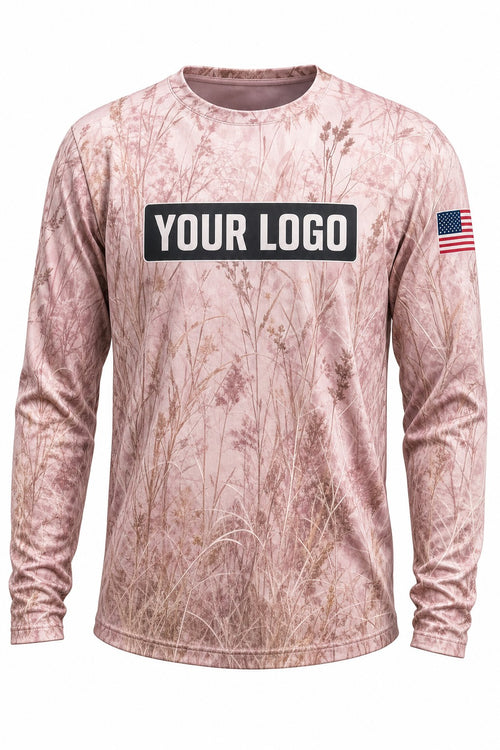 Blush Prairie Camo Custom Hunting Team Uniform - front view, custom company logo all-over-print uniform