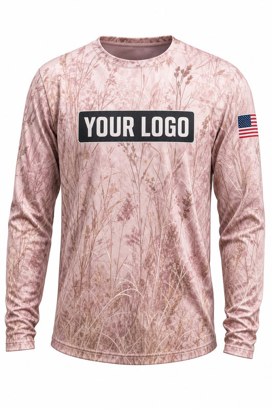 Blush Prairie Camo Custom Hunting Team Uniform - front view, custom company logo all-over-print uniform