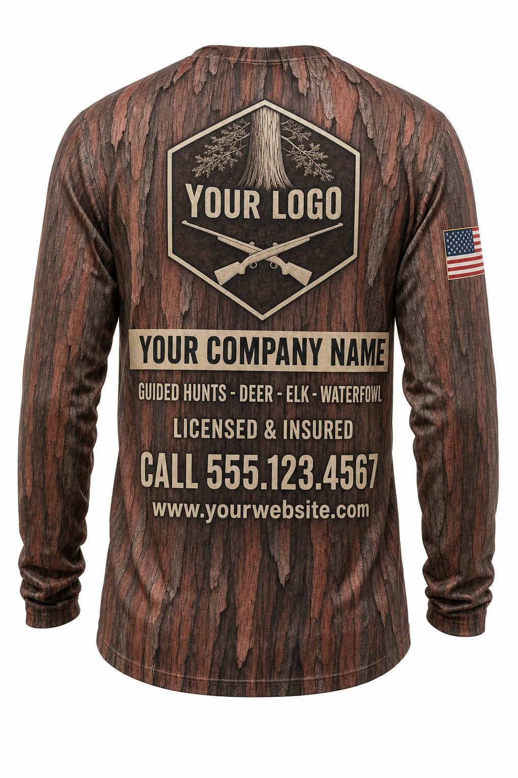 Cedar Bark Camo Custom Hunting Team Uniform - back view, custom company logo all-over-print uniform