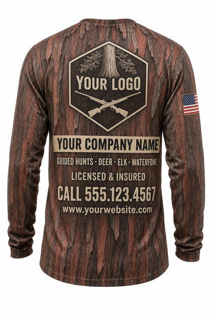 Cedar Bark Camo Custom Hunting Team Uniform - back view, custom company logo all-over-print uniform