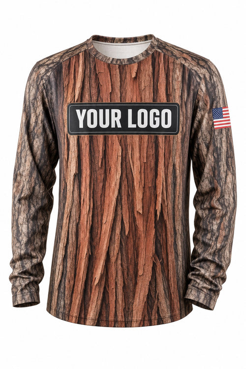 Cedar Bark Camo Custom Hunting Team Uniform - front view, custom company logo all-over-print uniform