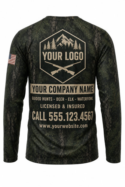Deep Forest Camo Custom Hunting Team Uniform - back view, custom company logo all-over-print uniform