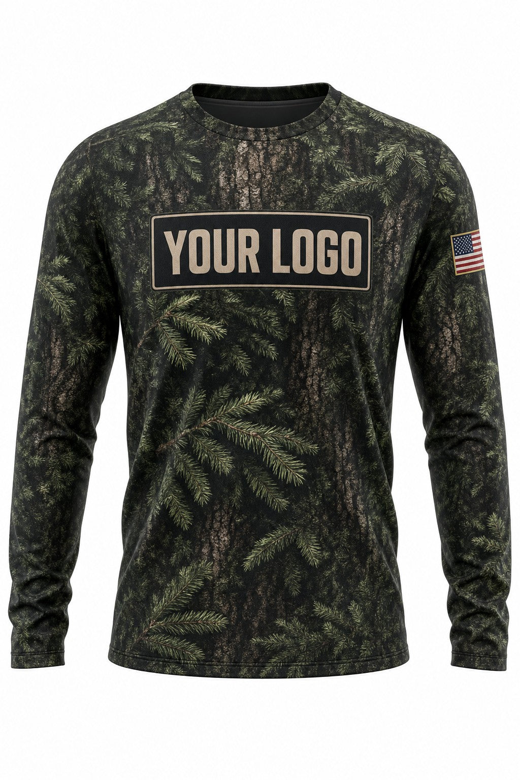 Deep Forest Camo Custom Hunting Team Uniform - front view, custom company logo all-over-print uniform