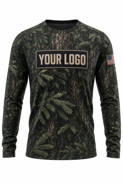Deep Forest Camo Custom Hunting Team Uniform - front view, custom company logo all-over-print uniform