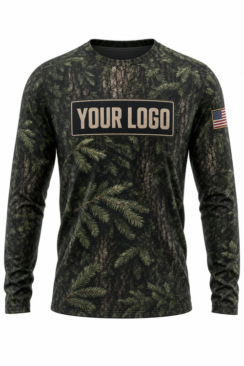 Deep Forest Camo Custom Hunting Team Uniform - front view, custom company logo all-over-print uniform