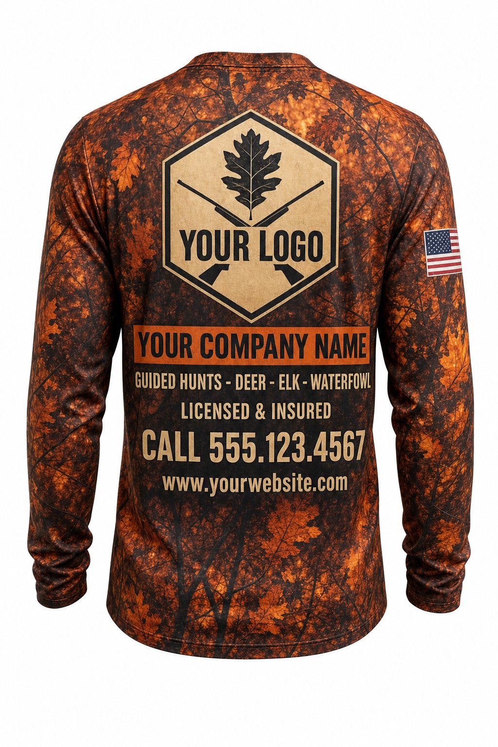Ember Oak Camo Custom Hunting Team Uniform - back view, custom company logo all-over-print uniform