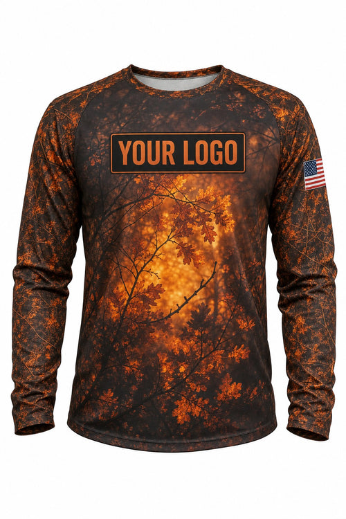 Ember Oak Camo Custom Hunting Team Uniform - front view, custom company logo all-over-print uniform