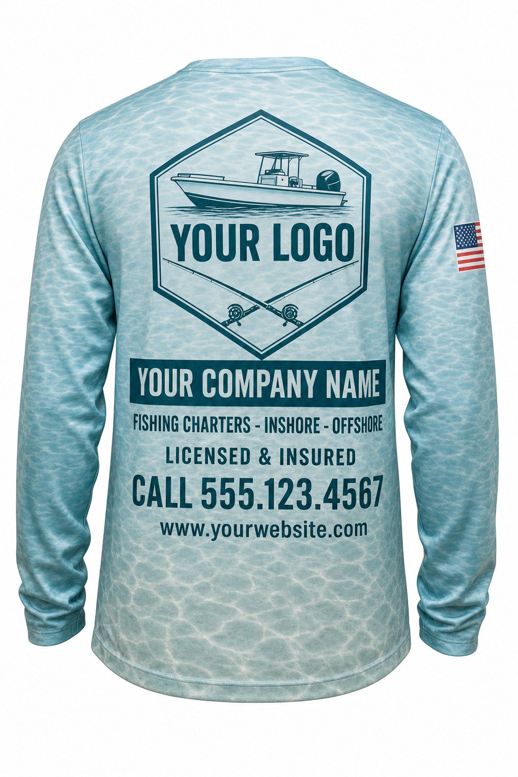 Flats Turquoise Camo Custom Hunting Team Uniform - back view, custom company logo all-over-print uniform