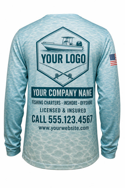 Flats Turquoise Camo Custom Hunting Team Uniform - back view, custom company logo all-over-print uniform