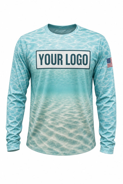 Flats Turquoise Camo Custom Hunting Team Uniform - front view, custom company logo all-over-print uniform