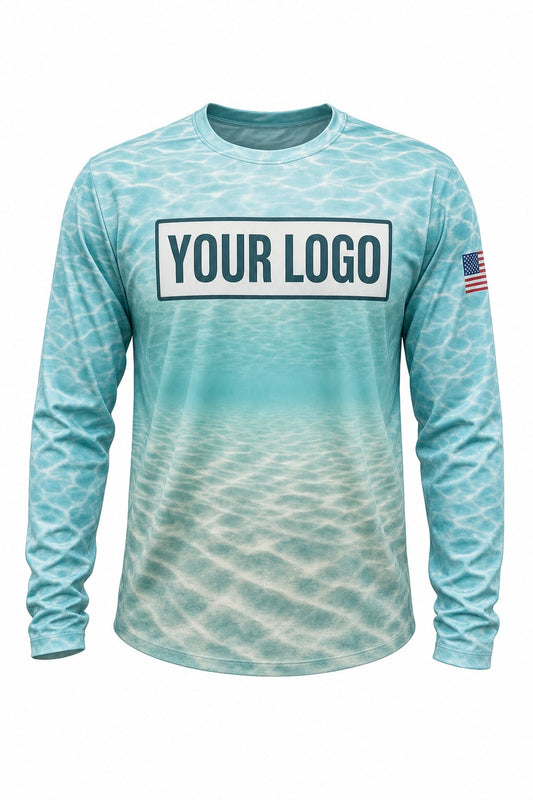 Flats Turquoise Camo Custom Hunting Team Uniform - front view, custom company logo all-over-print uniform
