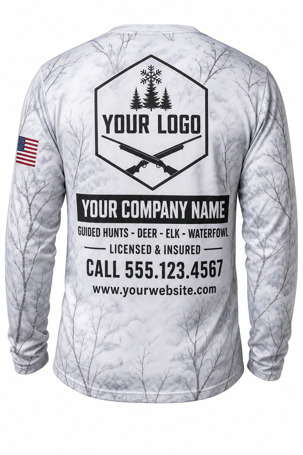 Fresh Snow Camo Custom Hunting Team Uniform - back view, custom company logo all-over-print uniform