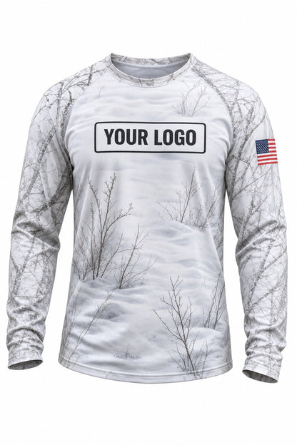 Fresh Snow Camo Custom Hunting Team Uniform - front view, custom company logo all-over-print uniform
