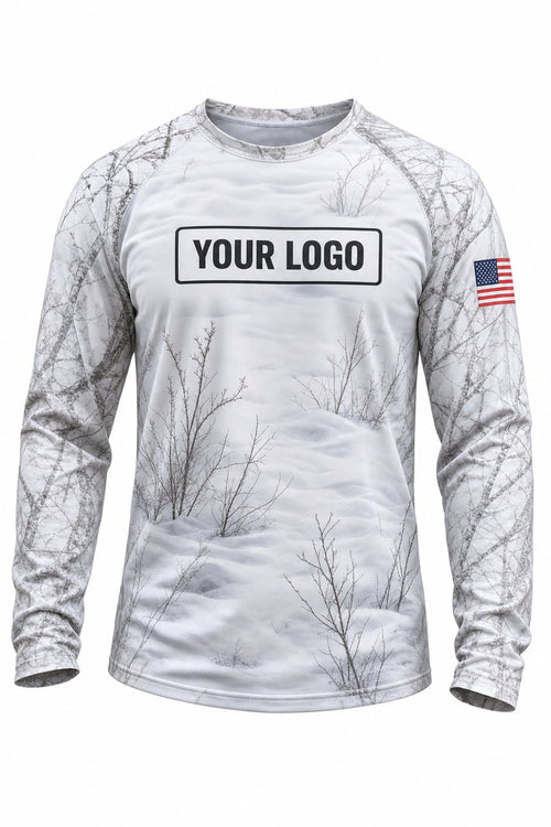 Fresh Snow Camo Custom Hunting Team Uniform - front view, custom company logo all-over-print uniform