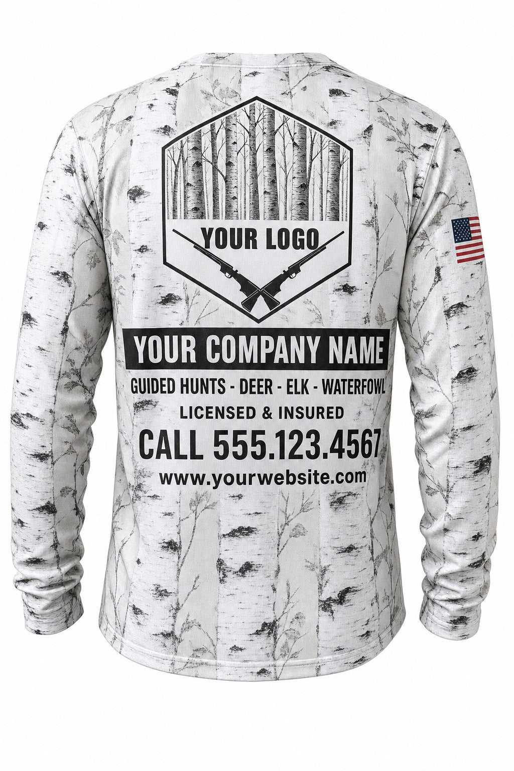 Frost Birch Camo Custom Hunting Team Uniform - back view, custom company logo all-over-print uniform