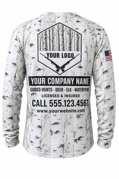 Frost Birch Camo Custom Hunting Team Uniform - back view, custom company logo all-over-print uniform