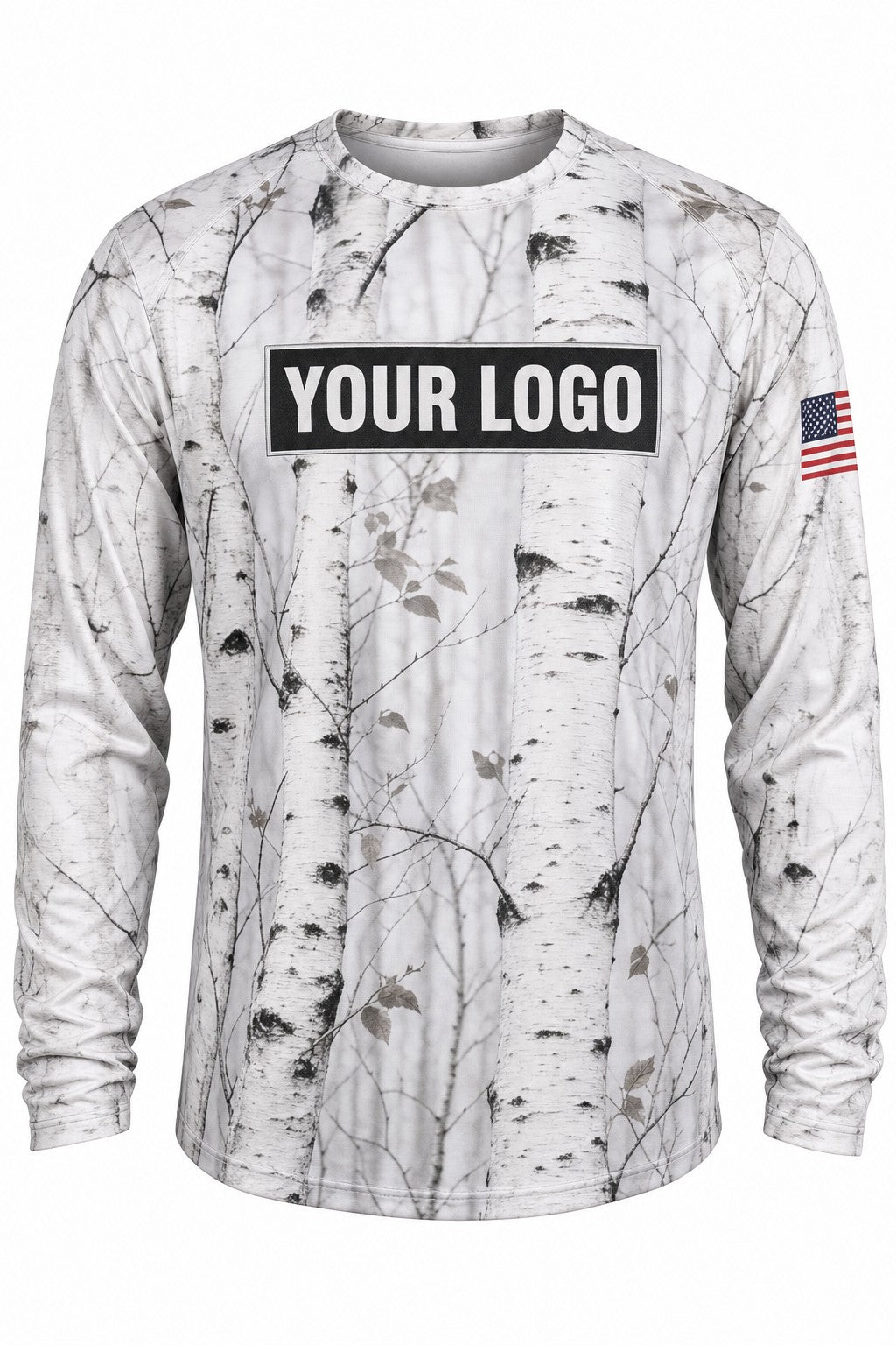 Frost Birch Camo Custom Hunting Team Uniform - front view, custom company logo all-over-print uniform