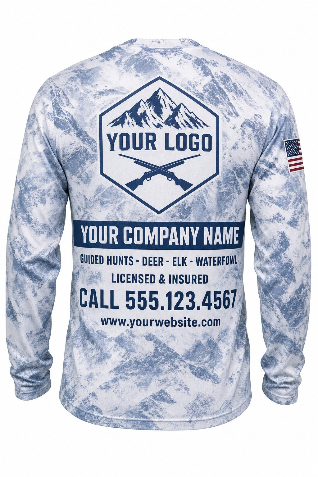 Glacier Grey Camo Custom Hunting Team Uniform - back view, custom company logo all-over-print uniform