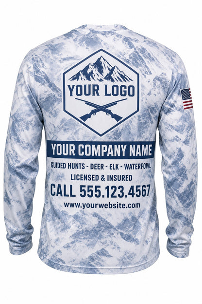 Glacier Grey Camo Custom Hunting Team Uniform - back view, custom company logo all-over-print uniform