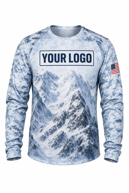 Glacier Grey Camo Custom Hunting Team Uniform - front view, custom company logo all-over-print uniform