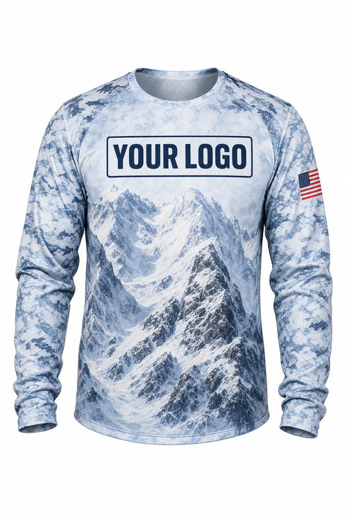 Glacier Grey Camo Custom Hunting Team Uniform - front view, custom company logo all-over-print uniform