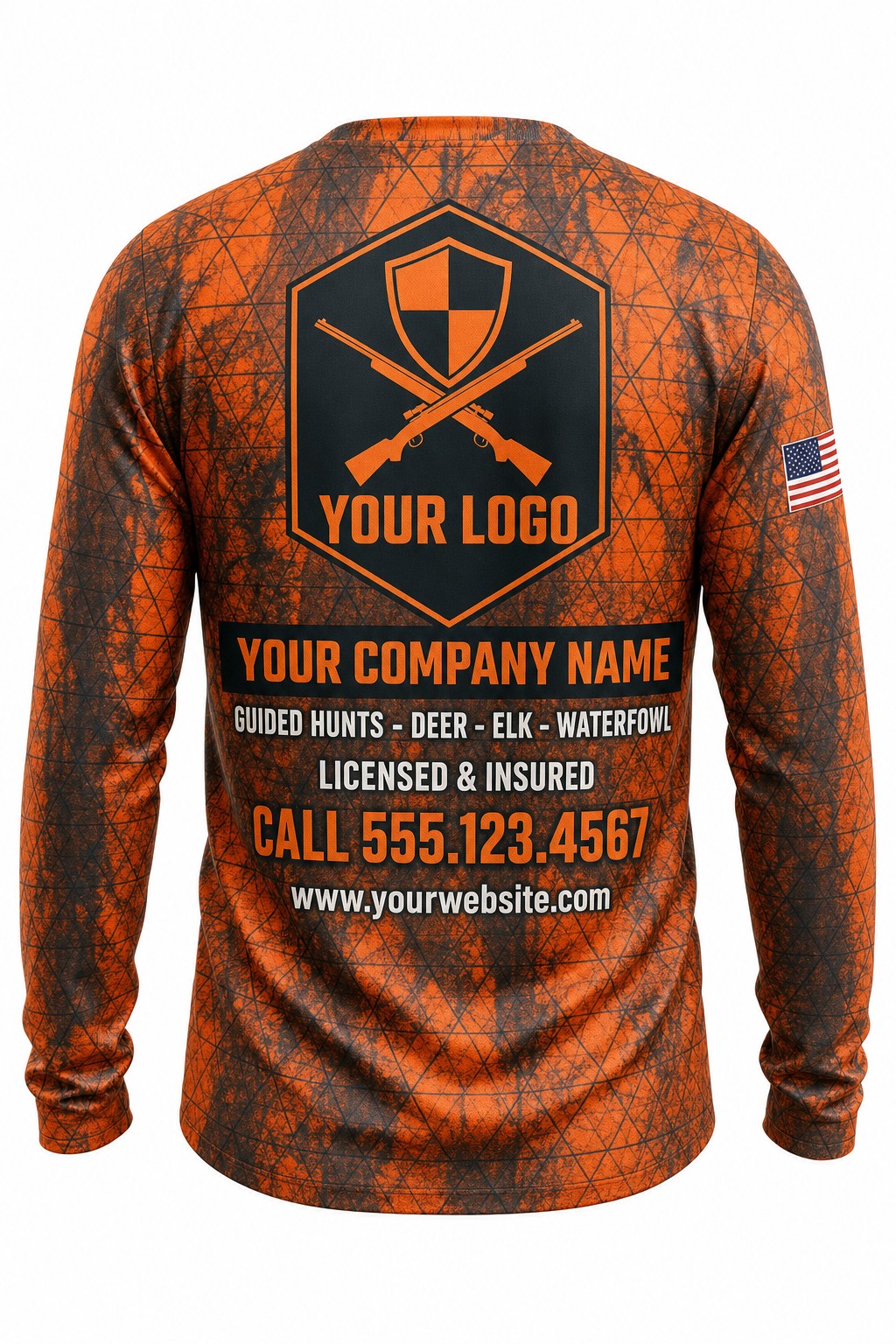 Hunter Orange Grid Camo Custom Hunting Team Uniform - back view, custom company logo all-over-print uniform