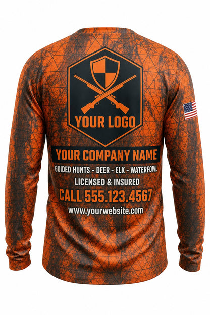 Hunter Orange Grid Camo Custom Hunting Team Uniform - back view, custom company logo all-over-print uniform