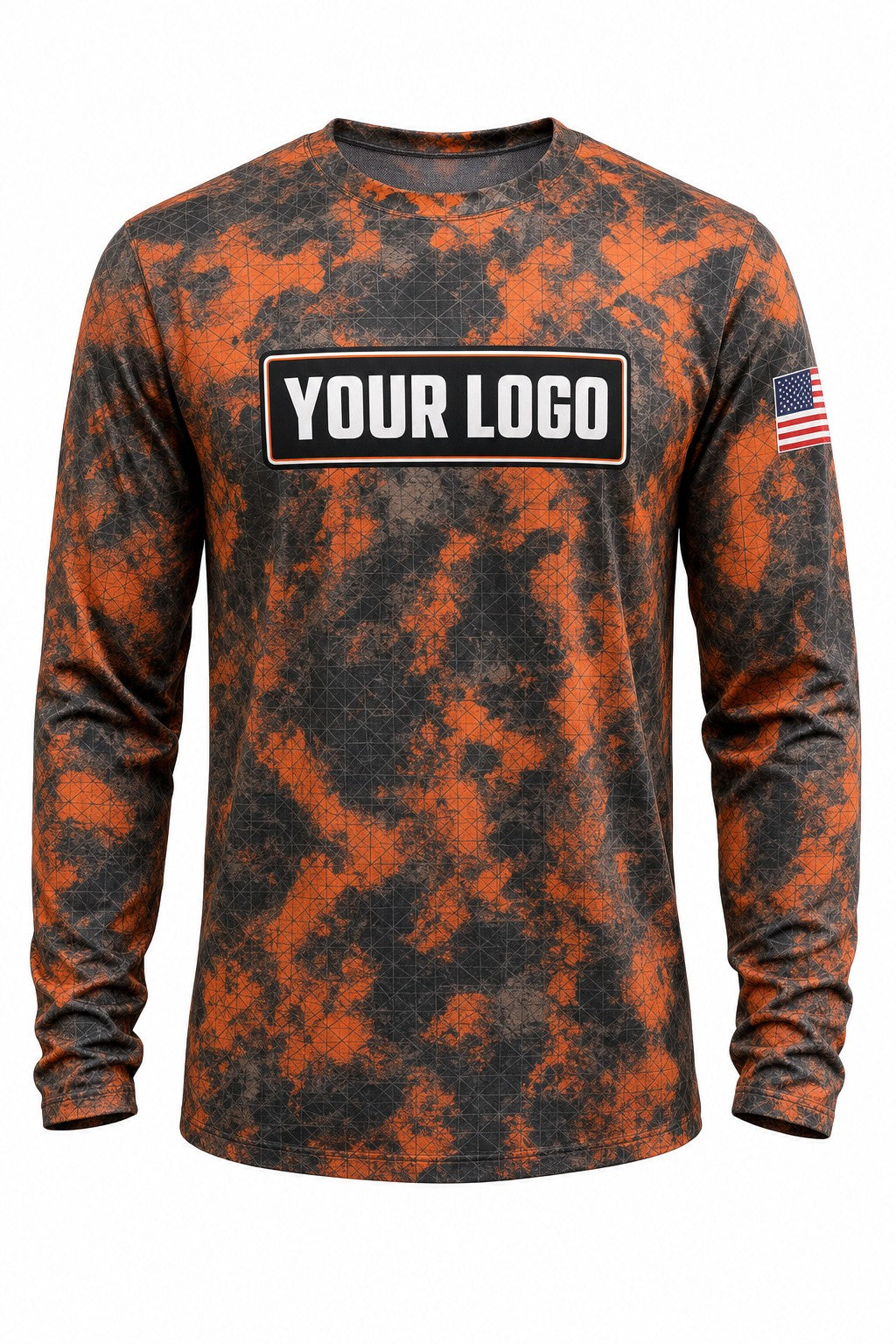 Hunter Orange Grid Camo Custom Hunting Team Uniform - front view, custom company logo all-over-print uniform