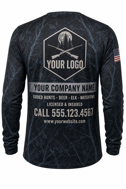 Midnight Timber Camo Custom Hunting Team Uniform - back view, custom company logo all-over-print uniform