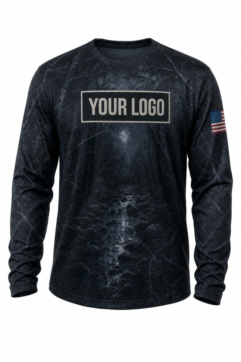Midnight Timber Camo Custom Hunting Team Uniform - front view, custom company logo all-over-print uniform