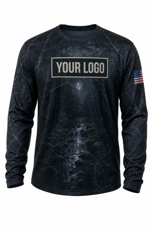 Midnight Timber Camo Custom Hunting Team Uniform - front view, custom company logo all-over-print uniform